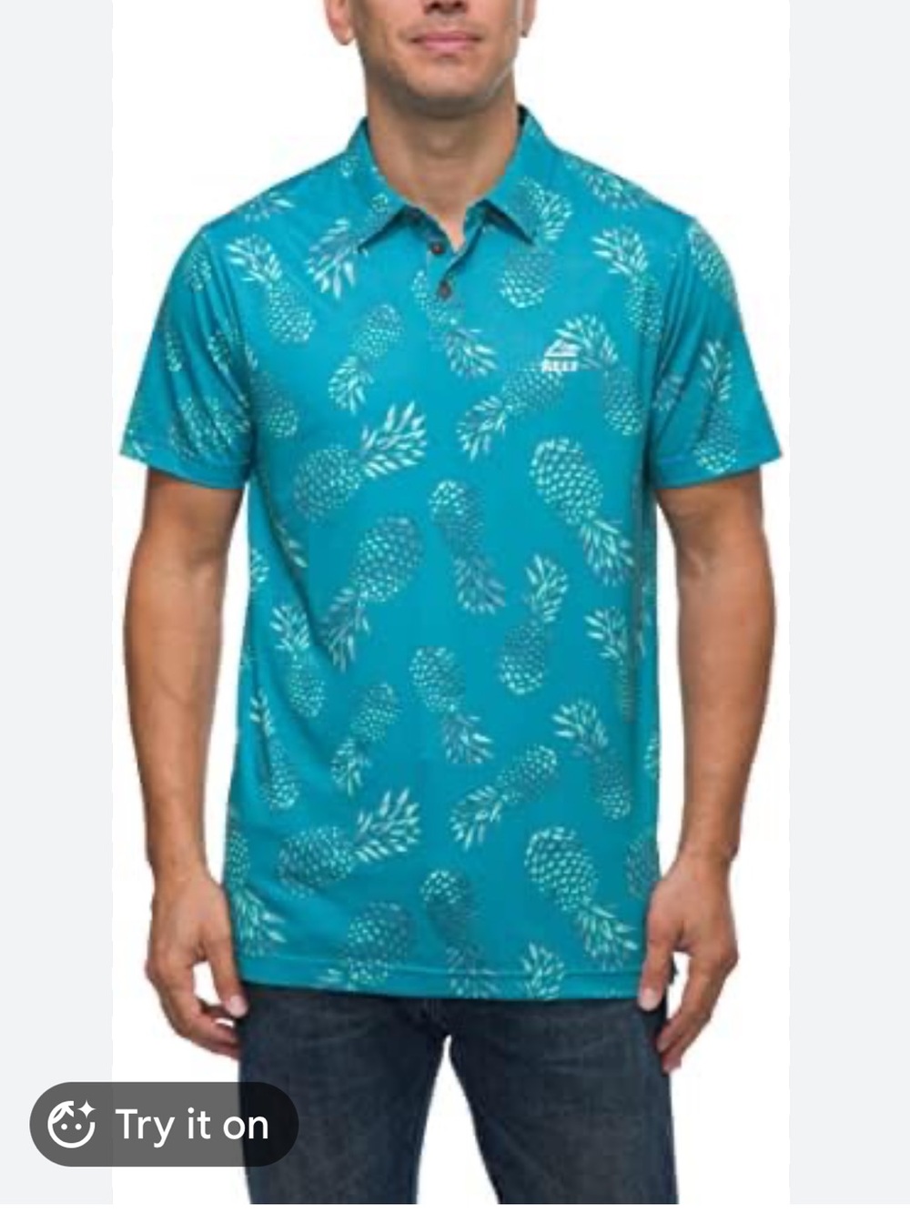 New Men's Teal Pineapple Print Polo Shirt. Size Small